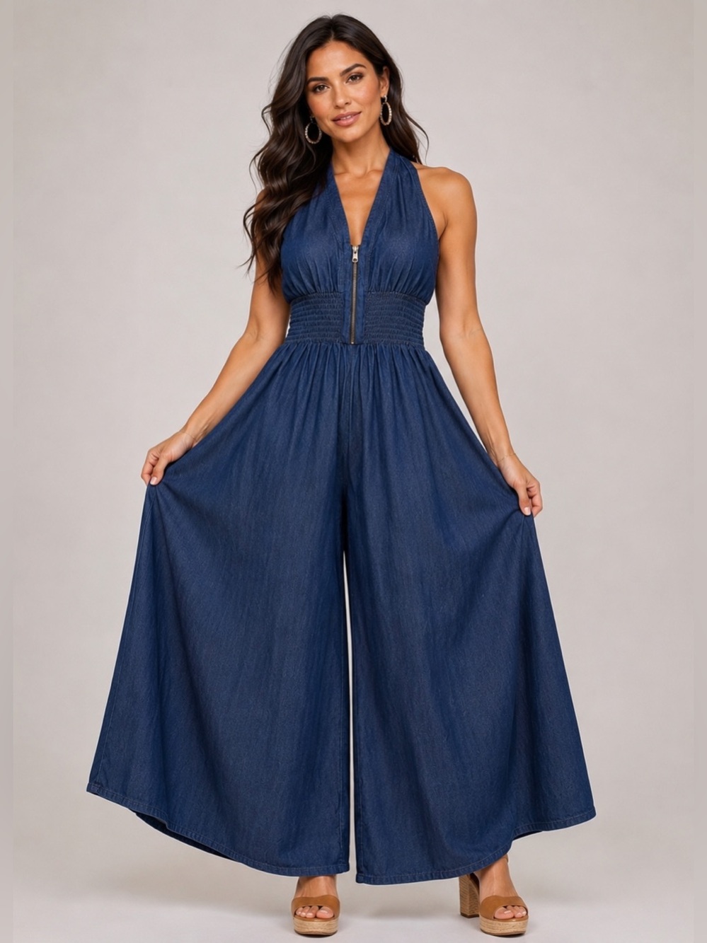 STEP IN STYLE Chambray Halter Wide Leg Jumpsuit Women’s NWT